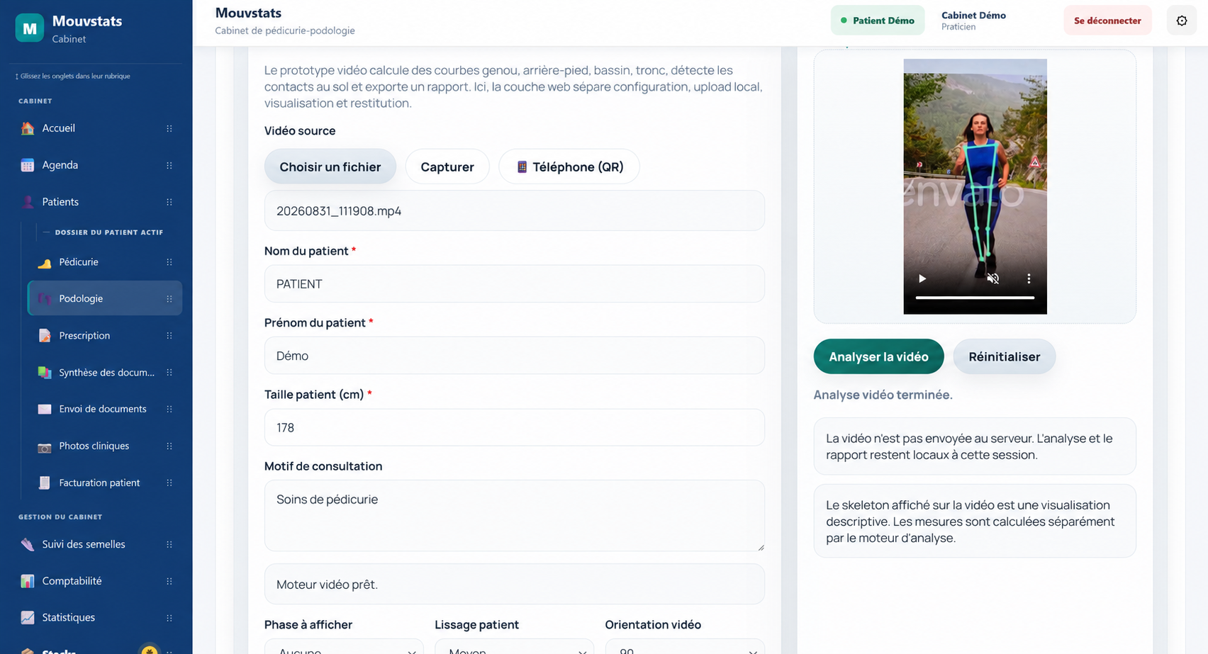 Interface réelle anonymisée de l’analyse dynamique avec suivi du squelette